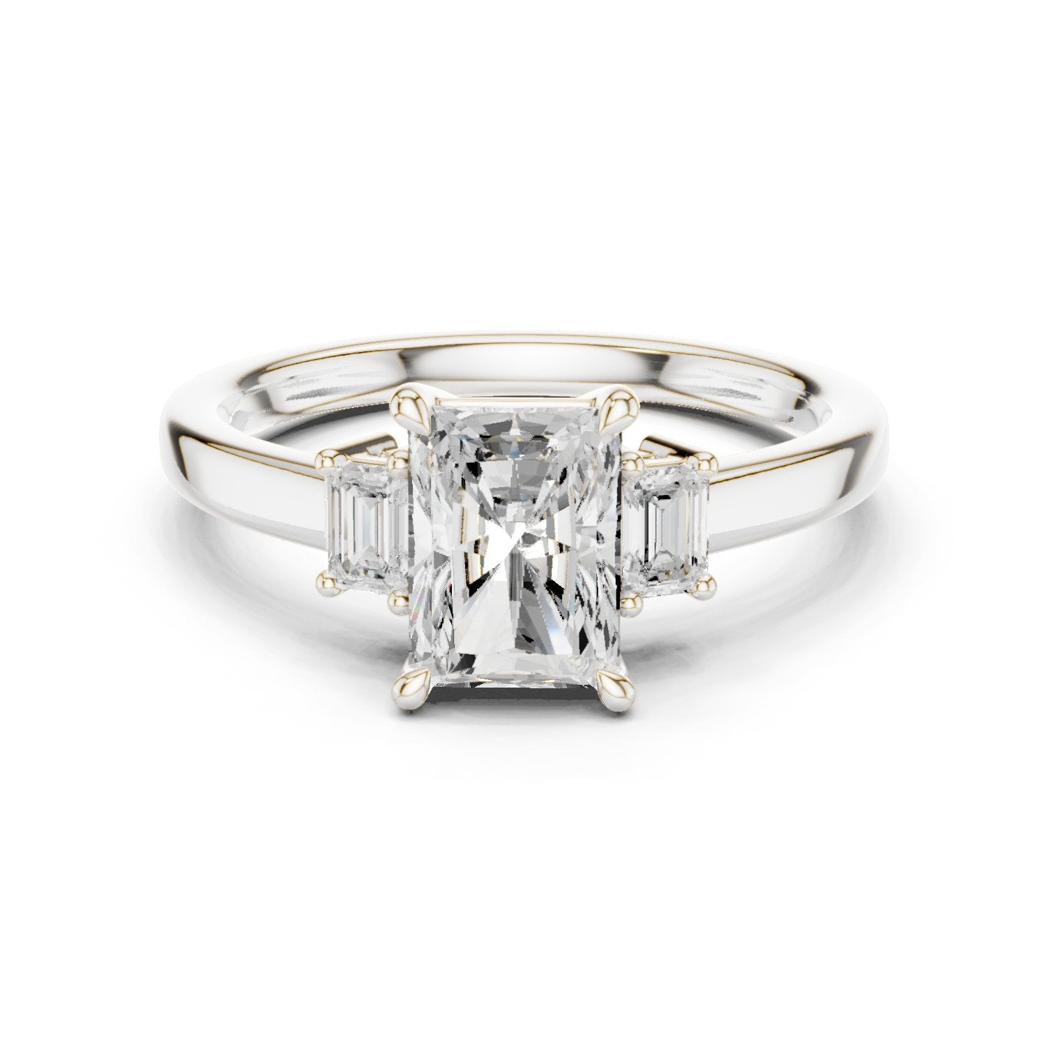 Radiant Cut Three Stone Engagement Ring with Emerald Sides