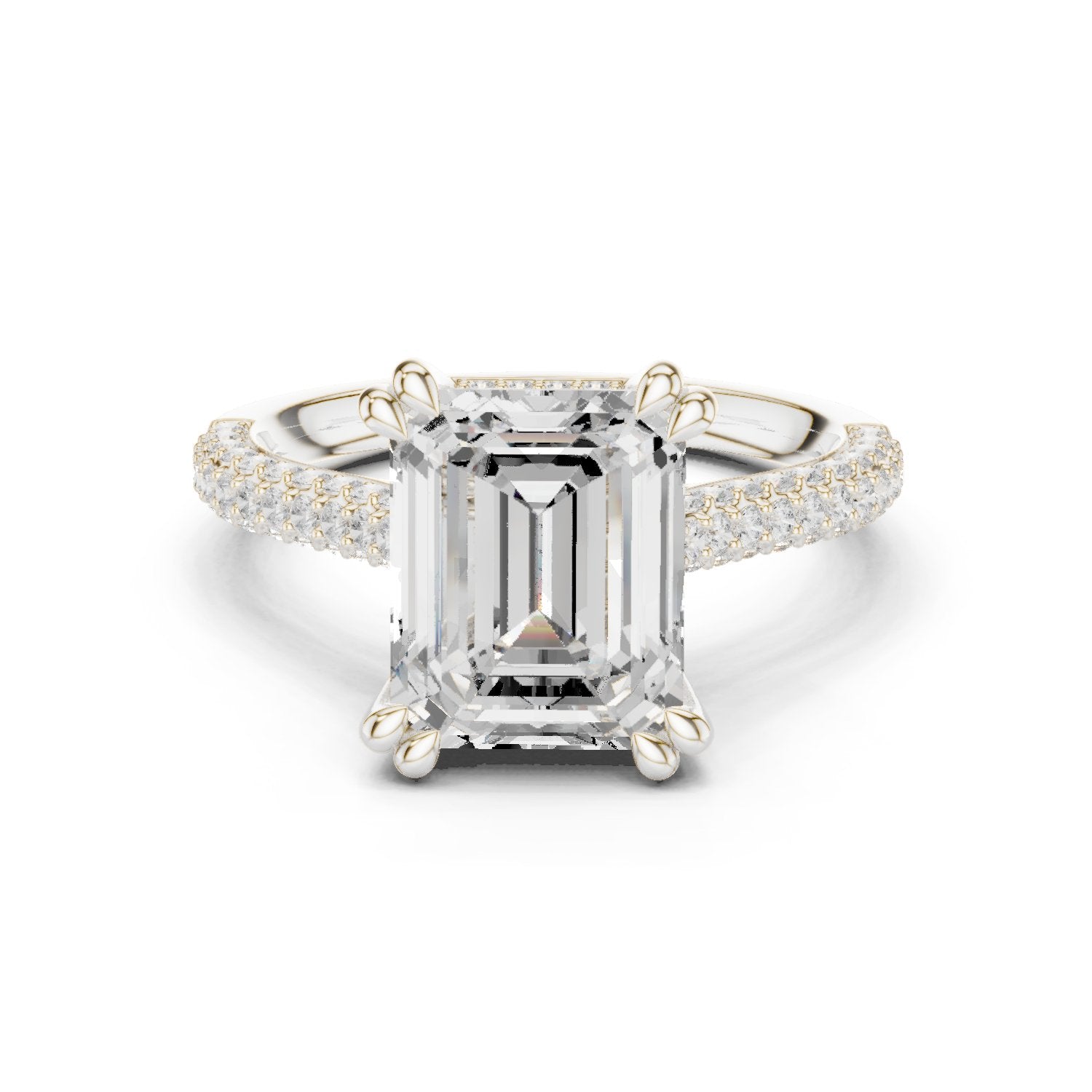 Emerald Cut Engagement Ring with Pavé Band and Cathedral Setting