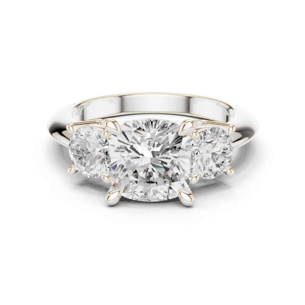 Cushion Cut Three Stone Engagement Ring with Round Sides