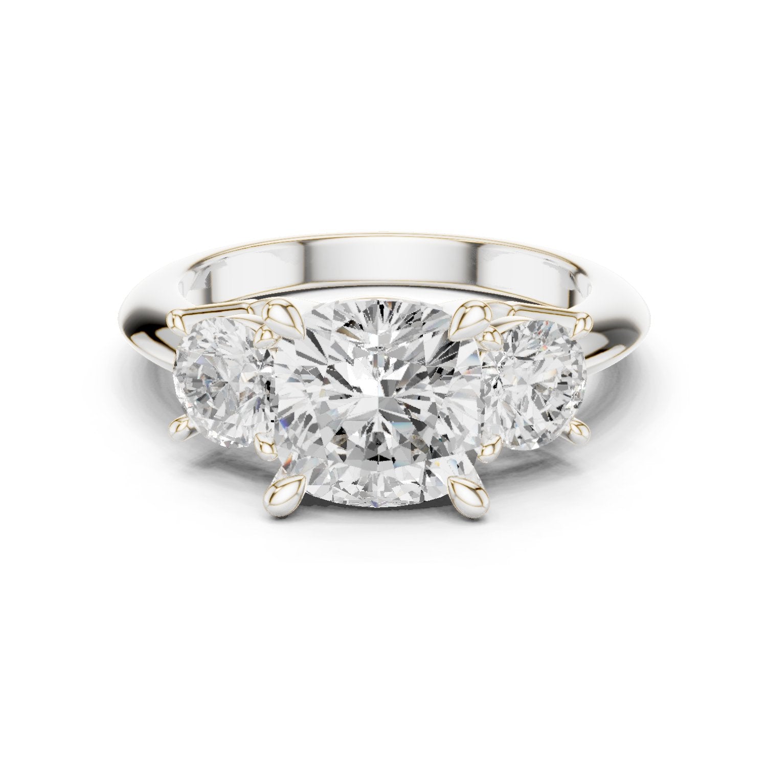 Cushion Cut Three Stone Engagement Ring with Round Sides