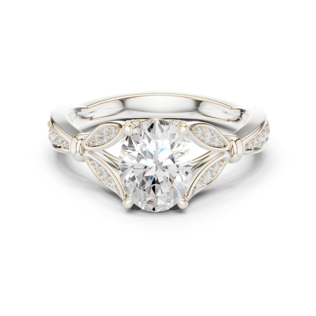 Oval Diamond Engagement Ring with Leaf Side Accents and Pavé Band