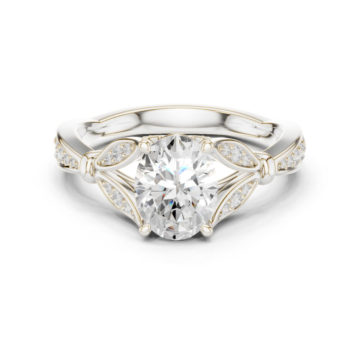 Oval Diamond Engagement Ring with Leaf Side Accents and Pavé Band