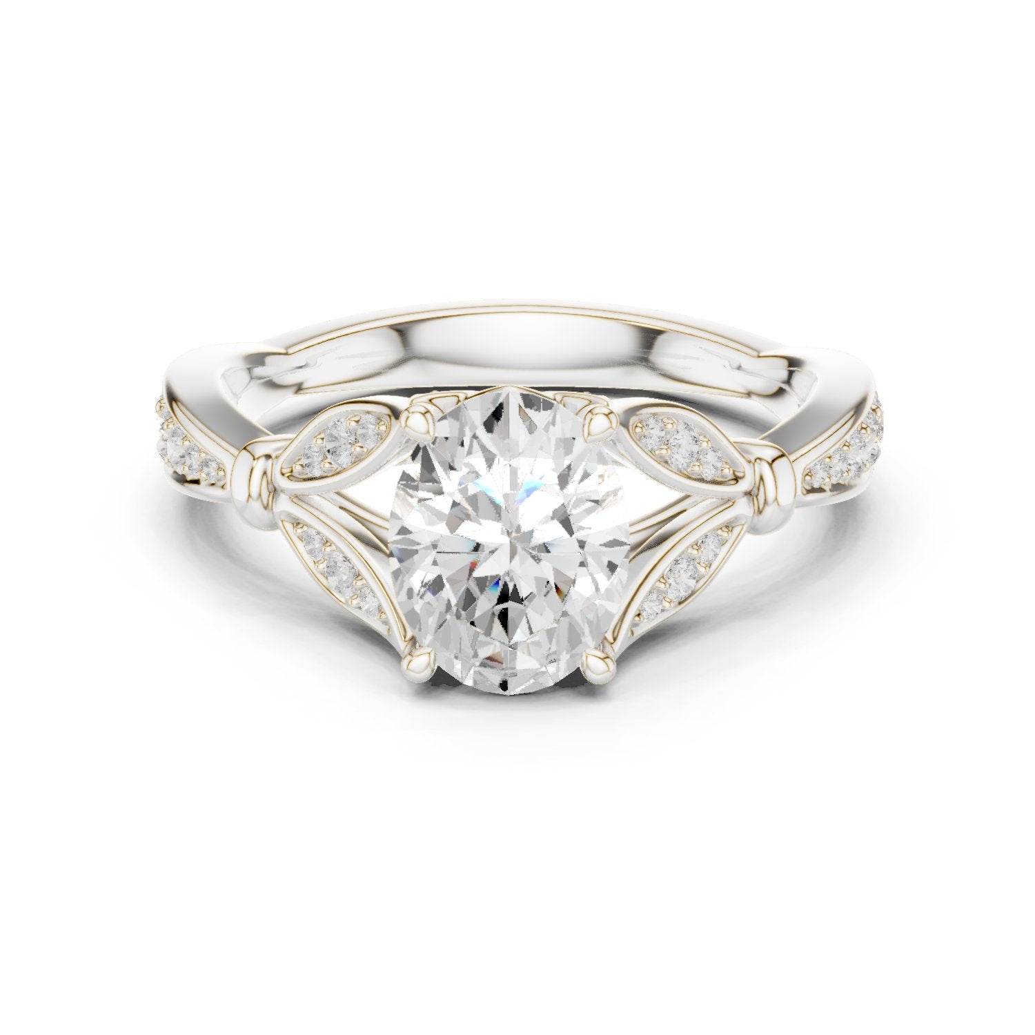 Oval Diamond Engagement Ring with Leaf Side Accents and Pavé Band