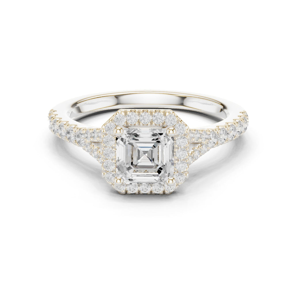Asscher Cut Halo Engagement Ring with Split Shank Pavé Band