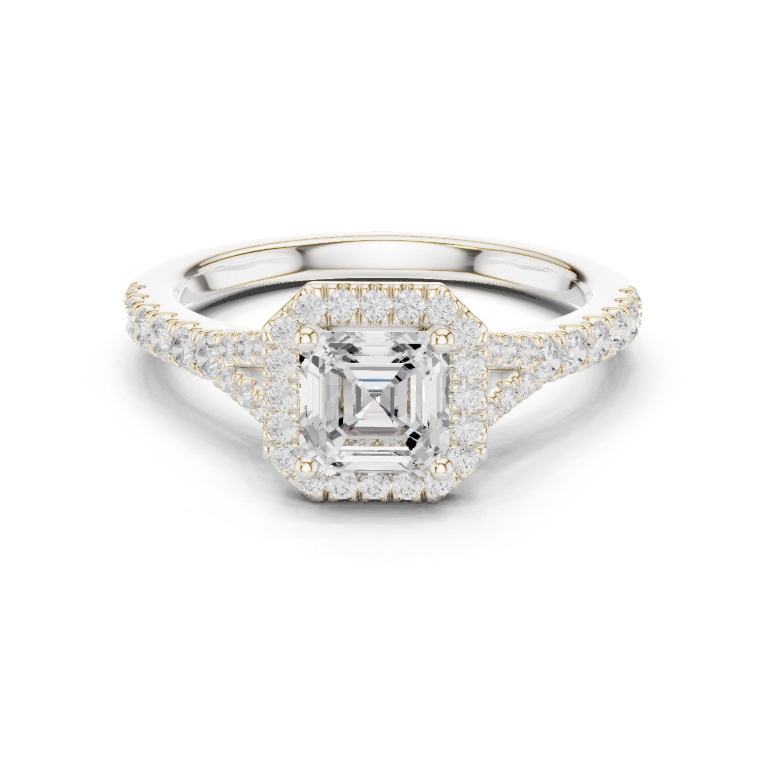 Asscher Cut Halo Engagement Ring with Split Shank Pavé Band