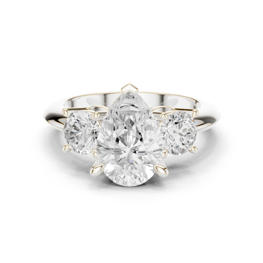 Pear Diamond Three Stone Engagement Ring with Round Sides