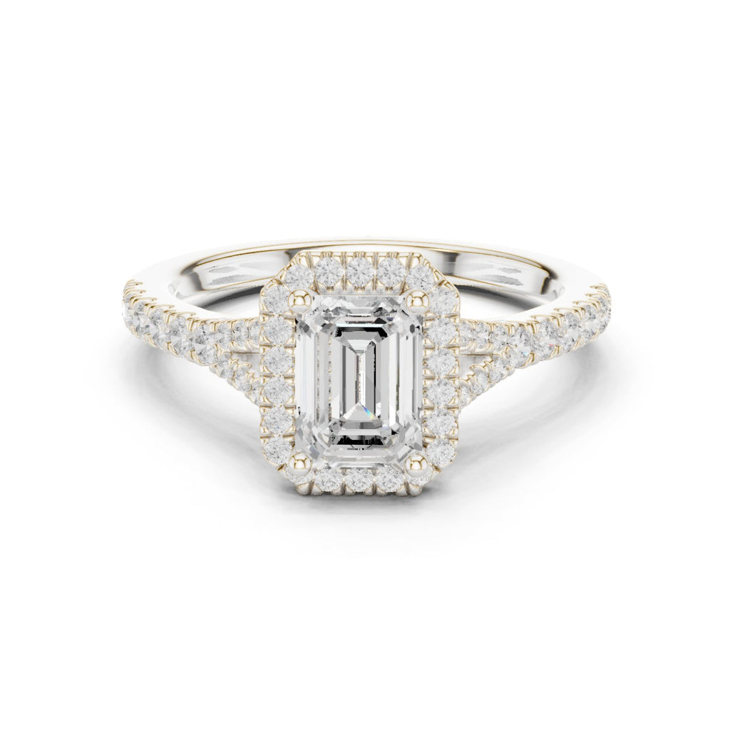 Emerald Cut Halo Engagement Ring with Split Shank Pavé Band