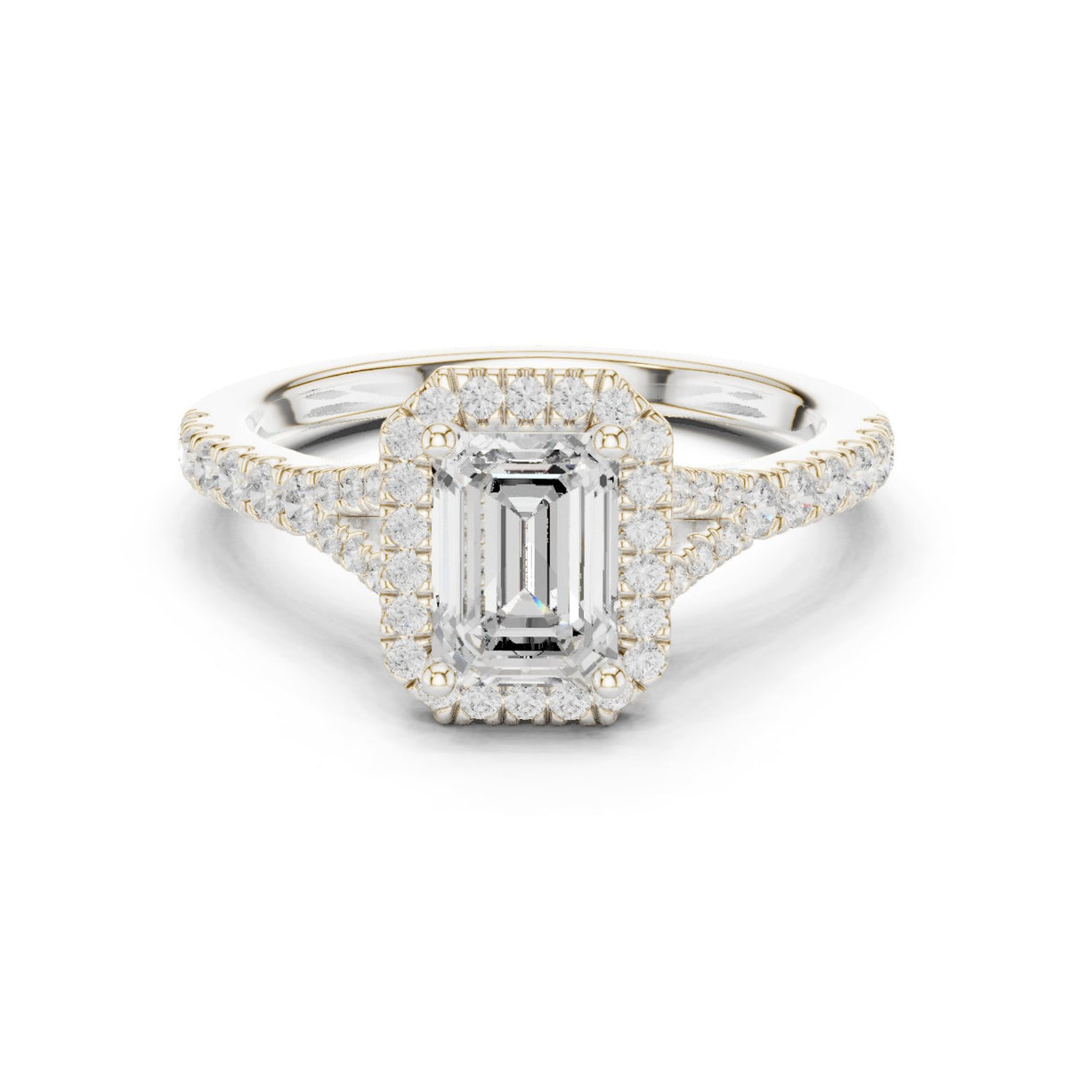 Emerald Cut Halo Engagement Ring with Split Shank Pavé Band