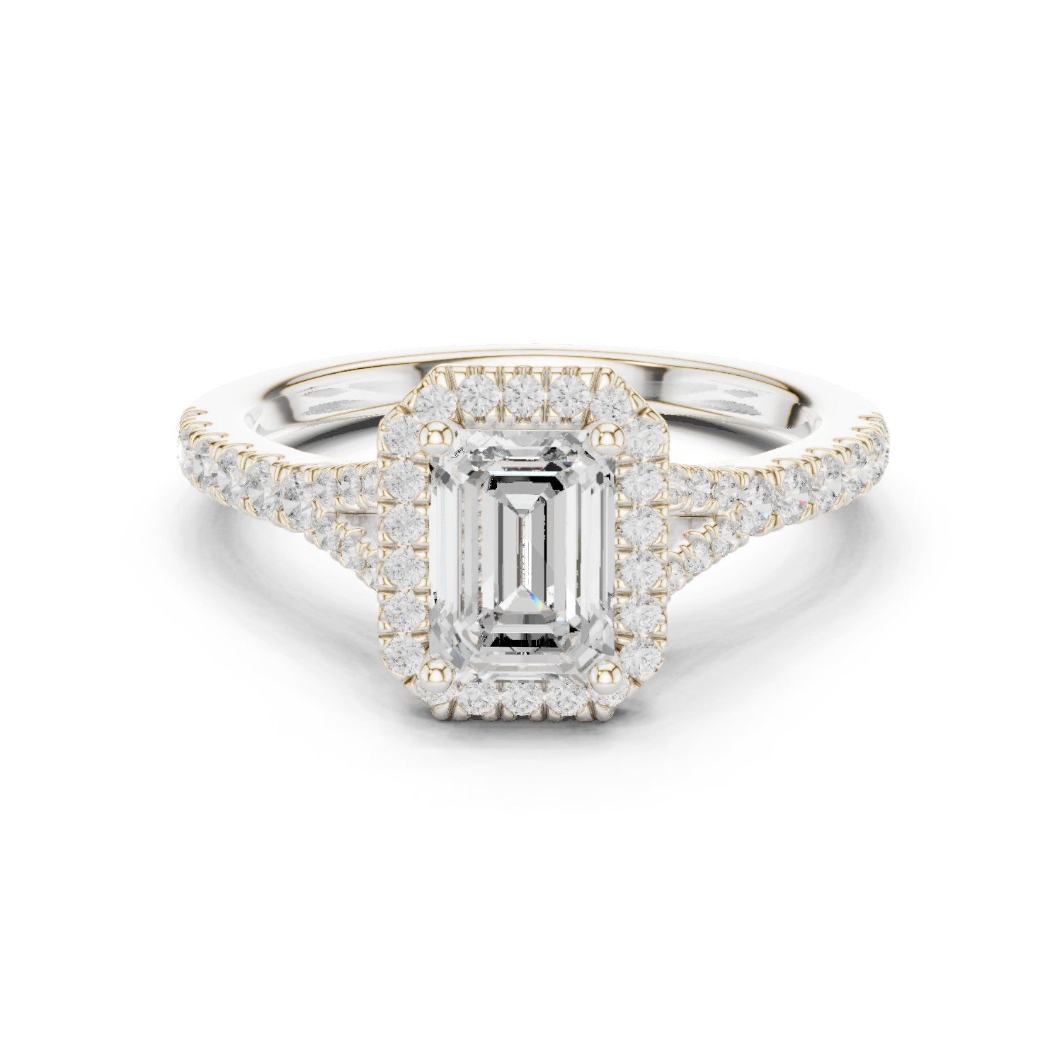 Emerald Cut Halo Engagement Ring with Split Shank Pavé Band