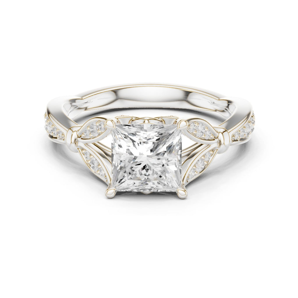 Princess Cut Engagement Ring with Leaf Side Accents and Pavé Band