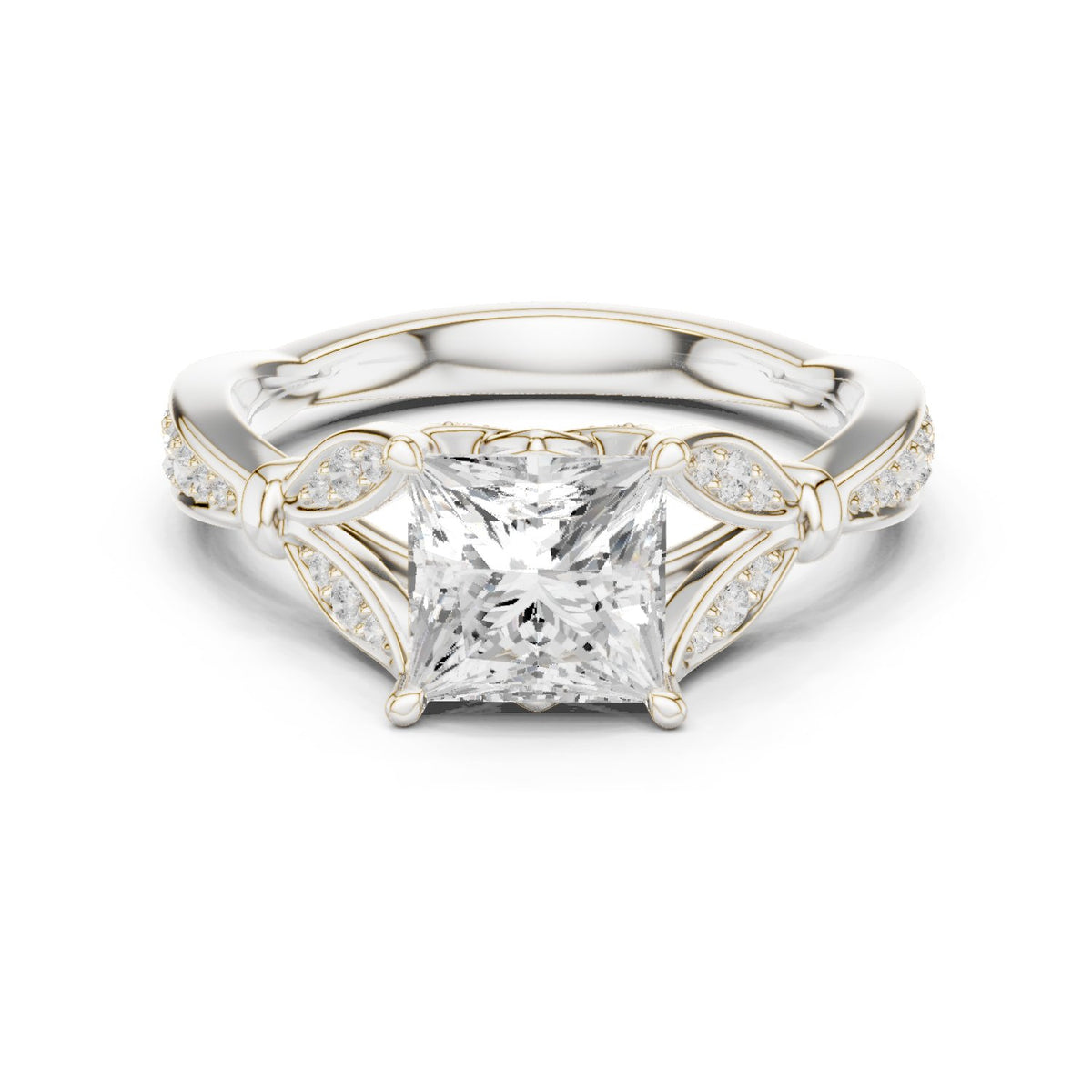 Princess Cut Engagement Ring with Leaf Side Accents and Pavé Band