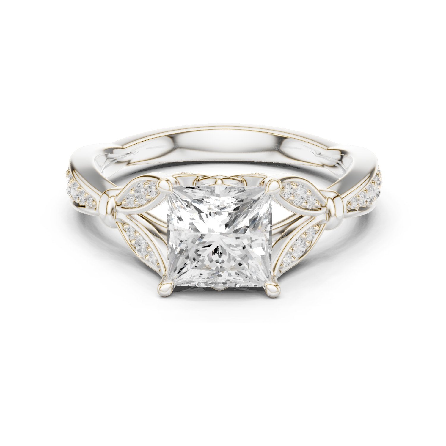 Princess Cut Engagement Ring with Leaf Side Accents and Pavé Band