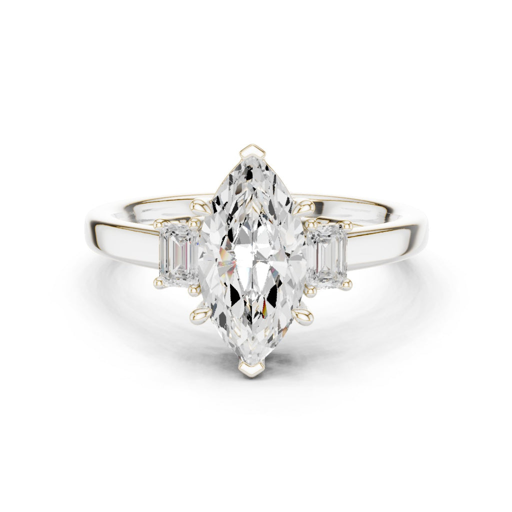 Marquise Cut Three Stone Engagement Ring with Emerald Sides