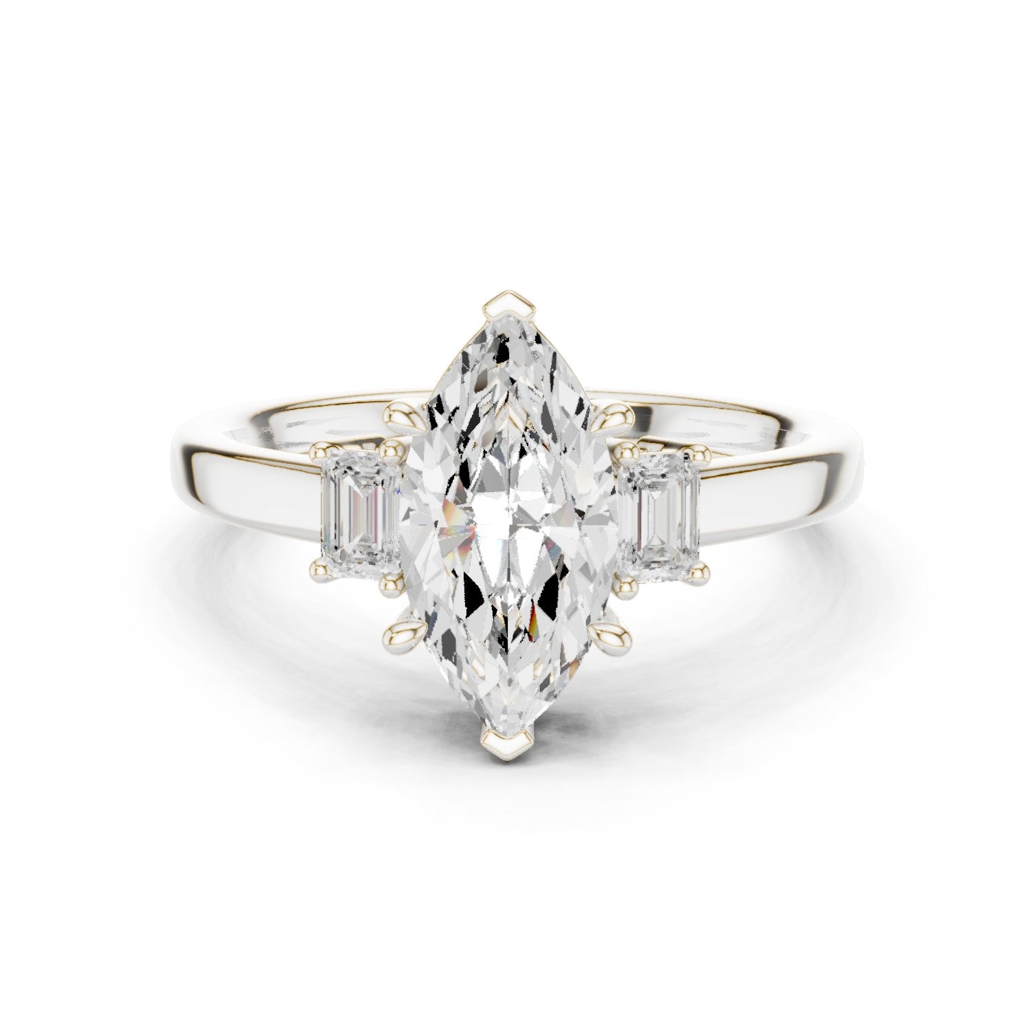 Marquise Cut Three Stone Engagement Ring with Emerald Sides