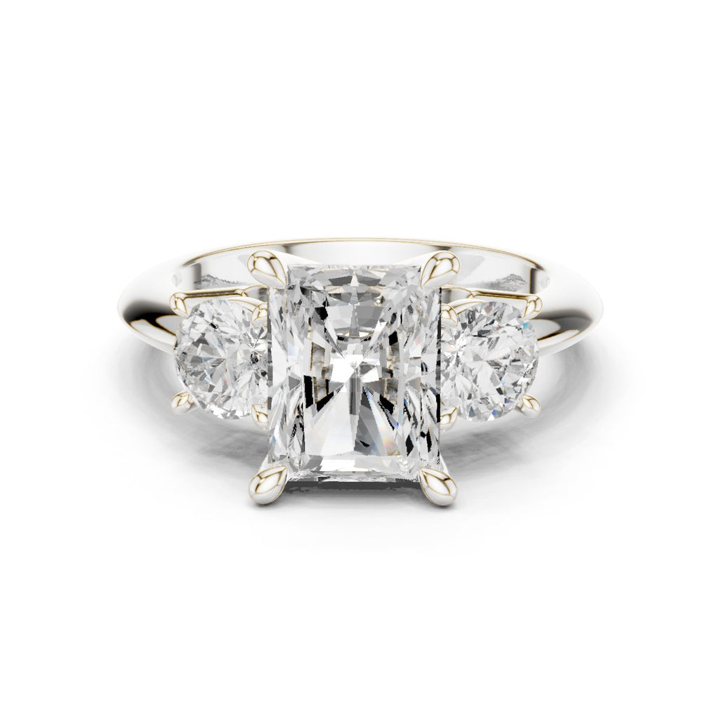 Radiant Cut Three Stone Engagement Ring with Round Sides