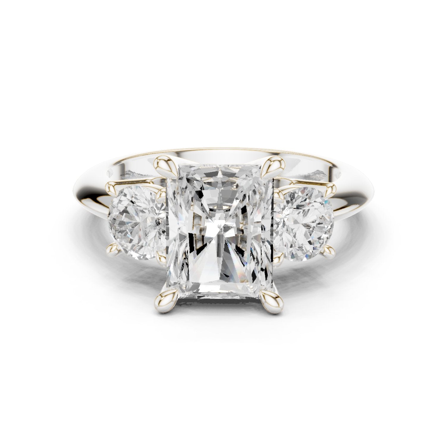 Radiant Cut Three Stone Engagement Ring with Round Sides