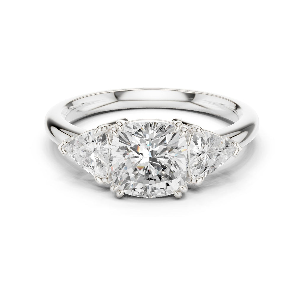 Cushion Cut Three Stone Engagement Ring with Trilliant Sides