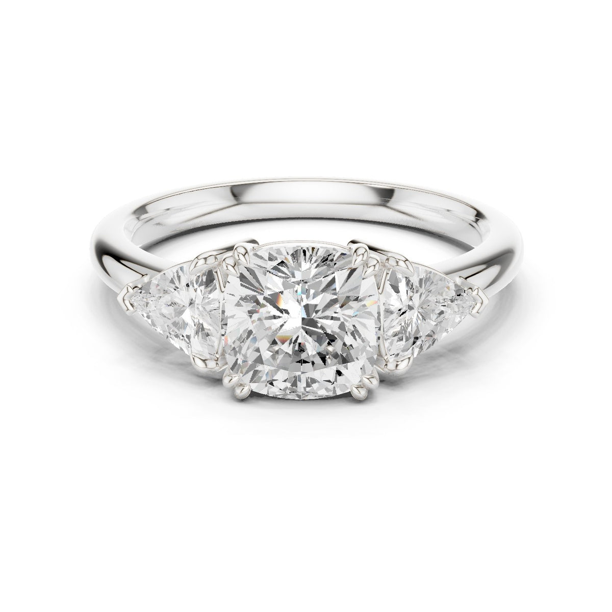 Cushion Cut Three Stone Engagement Ring with Trilliant Sides