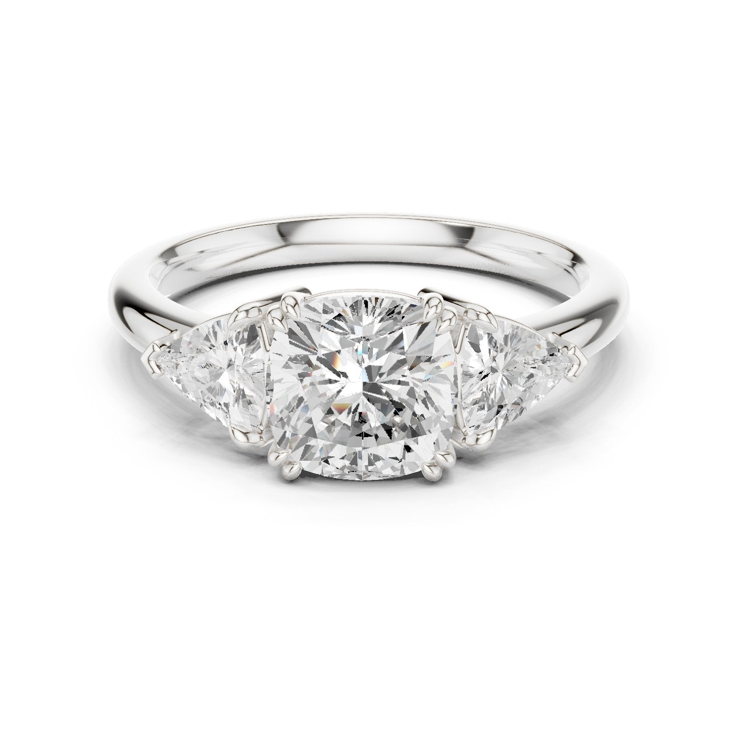 Cushion Cut Three Stone Engagement Ring with Trilliant Sides