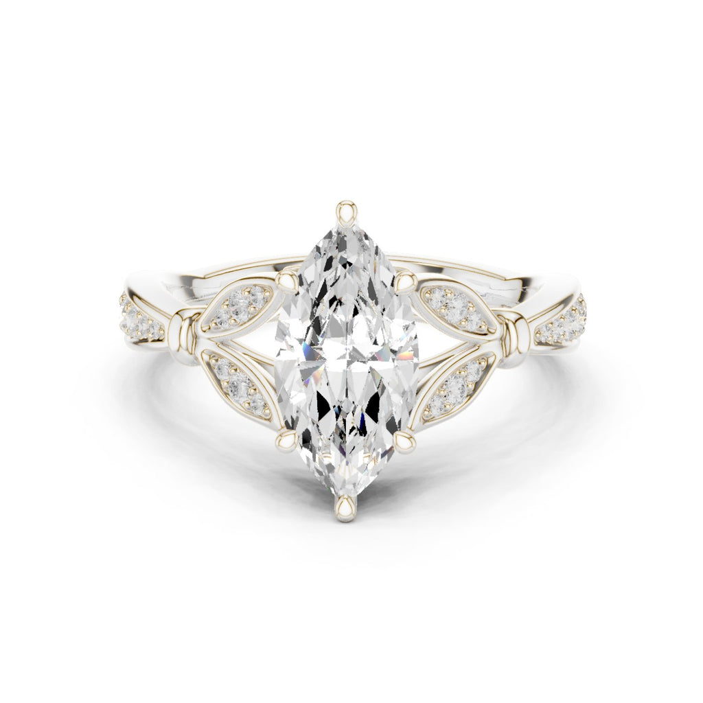 Marquise Cut Engagement Ring with Leaf Accents and Pavé Band
