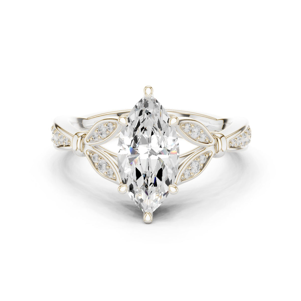 Marquise Cut Engagement Ring with Leaf Accents and Pavé Band