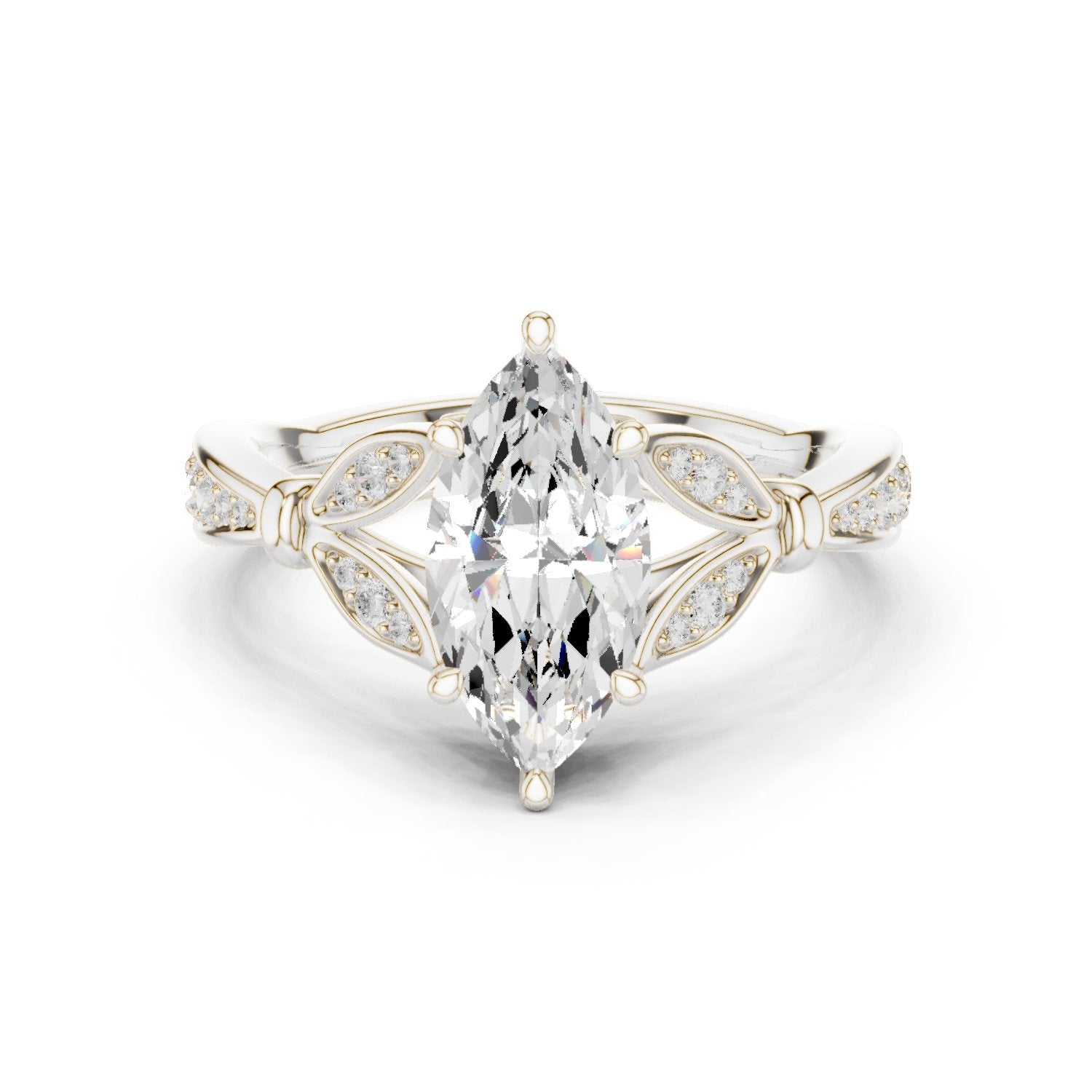 Marquise Cut Engagement Ring with Leaf Accents and Pavé Band