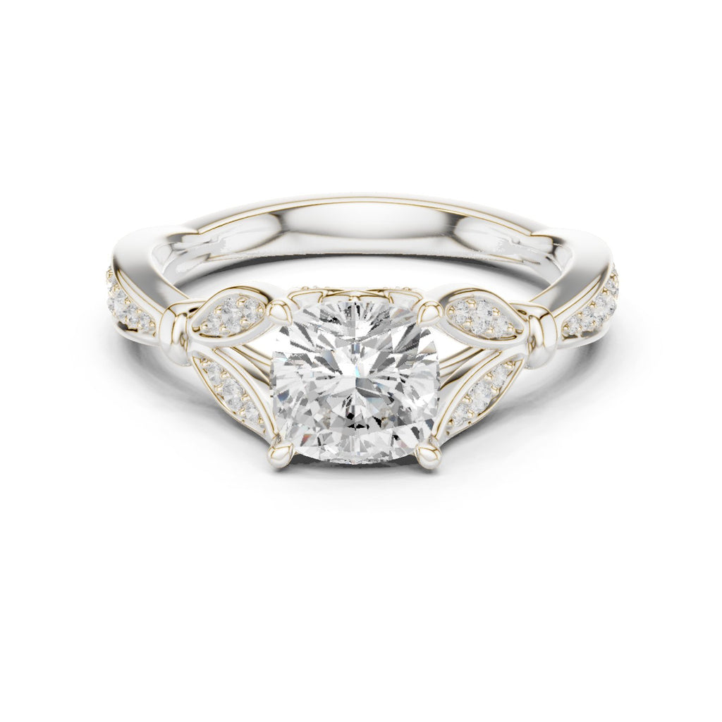 Cushion Cut Halo Engagement Ring with Floral Side Accents