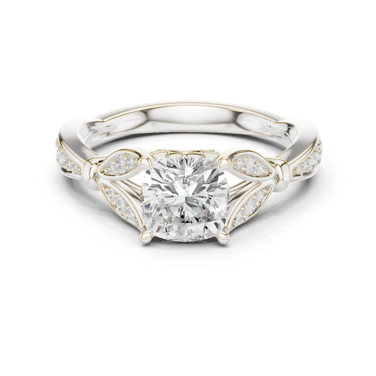Cushion Cut Halo Engagement Ring with Floral Side Accents