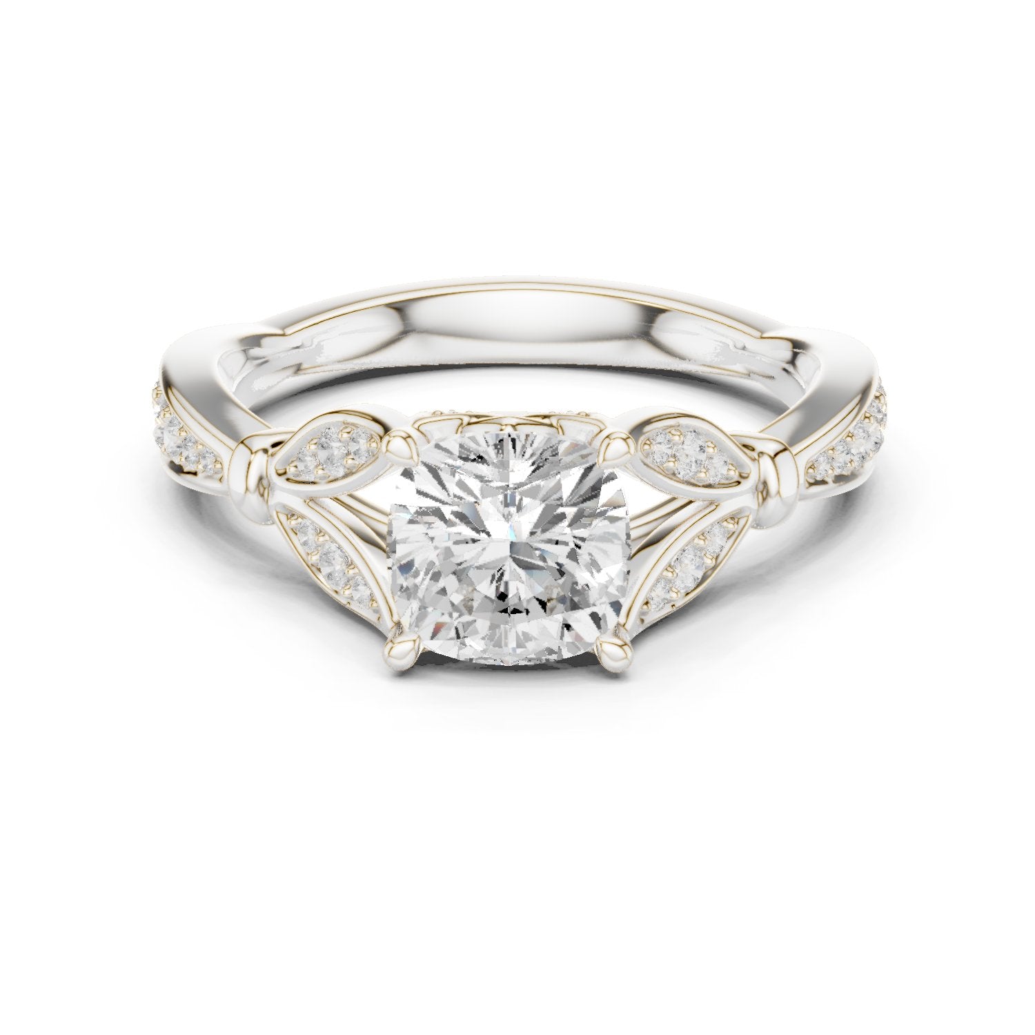 Cushion Cut Halo Engagement Ring with Floral Side Accents