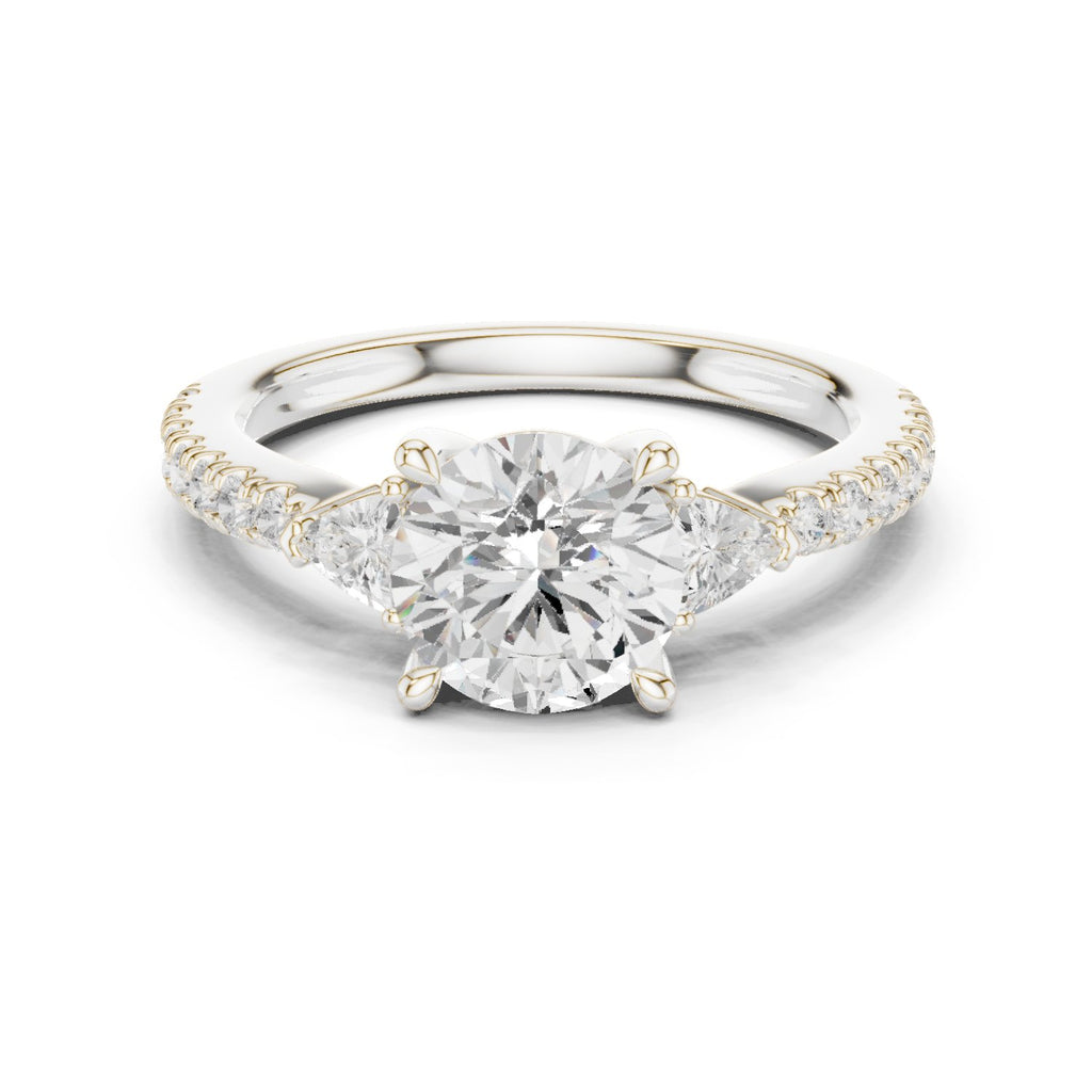 Round Diamond Three Stone Engagement Ring with Trilliant Sides and Pavé Band