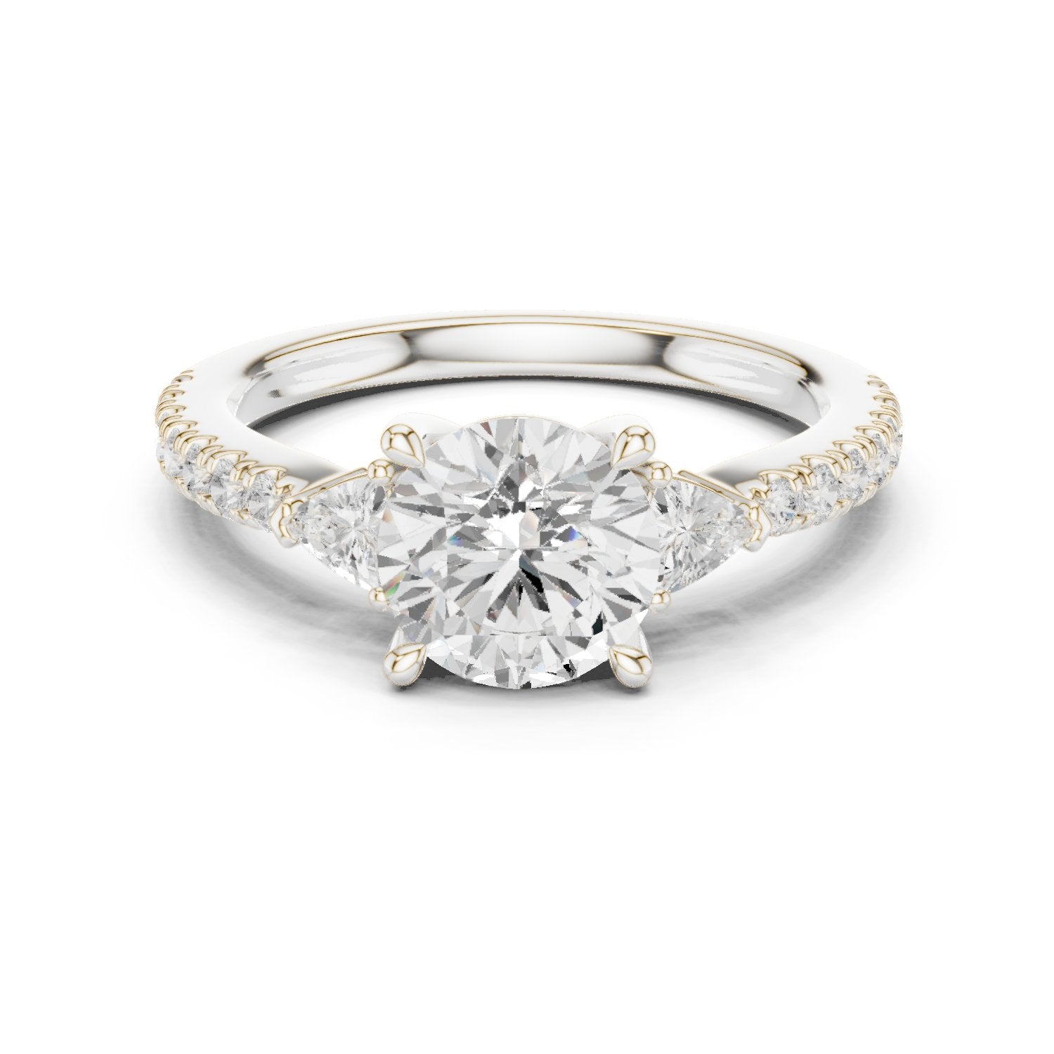 Round Diamond Three Stone Engagement Ring with Trilliant Sides and Pavé Band