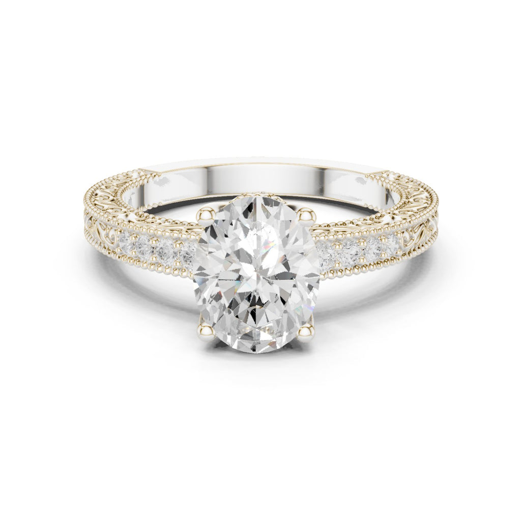 Oval Diamond Engagement Ring with Vintage Milgrain Pavé Band