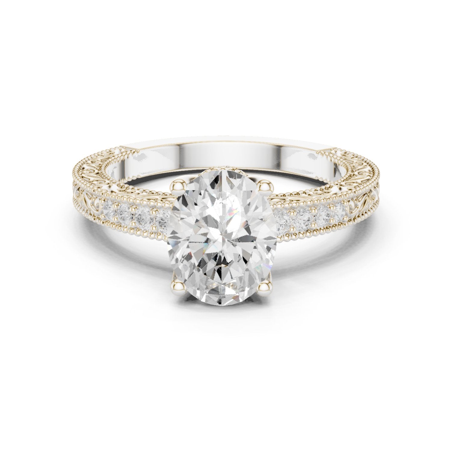 Oval Diamond Engagement Ring with Vintage Milgrain Pavé Band