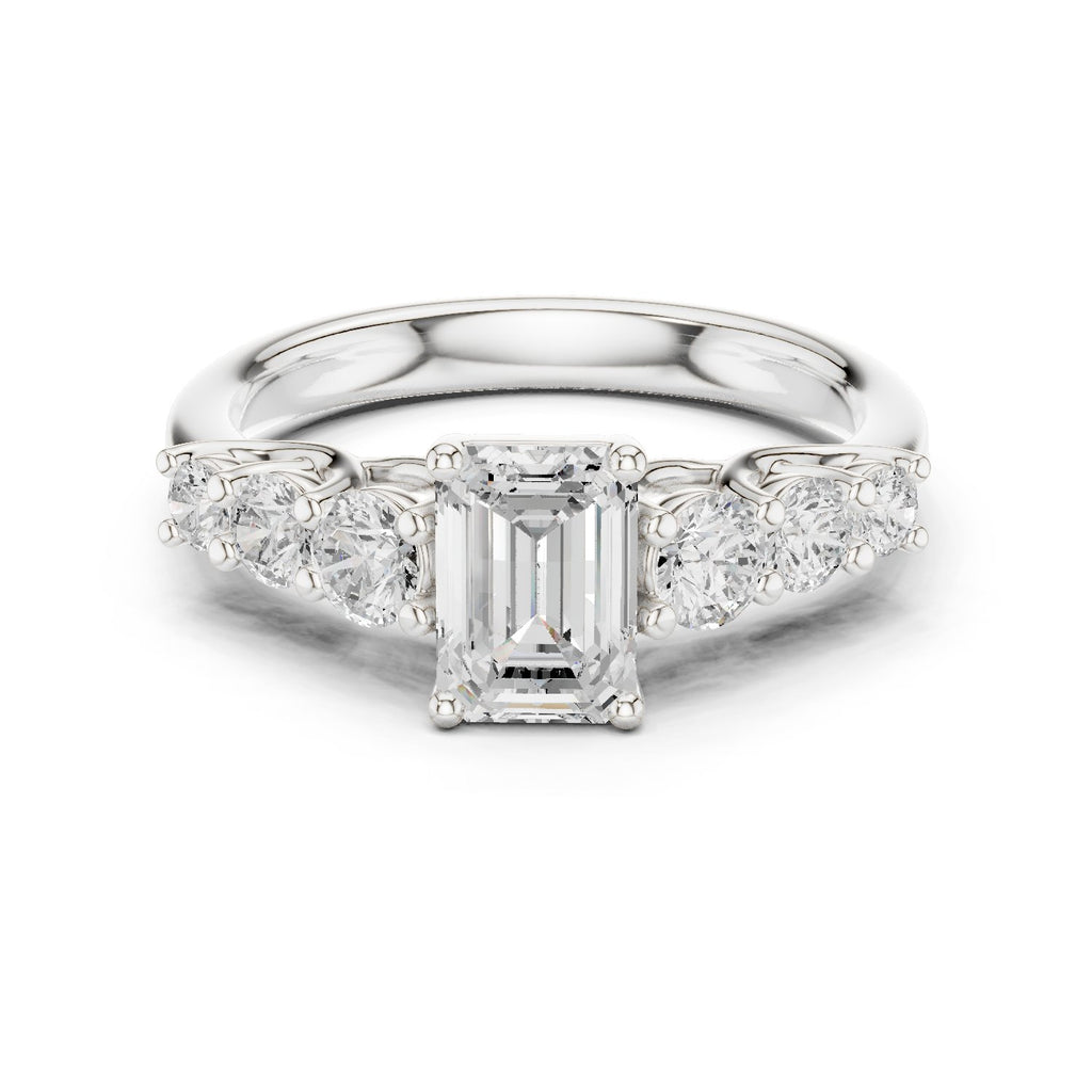 Emerald Cut Engagement Ring with Round Side Accents on Chevron Shoulders