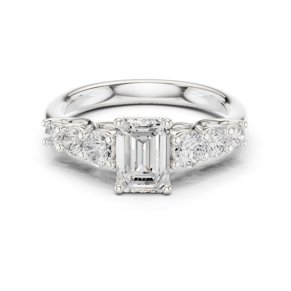 Emerald Cut Engagement Ring with Round Side Accents on Chevron Shoulders