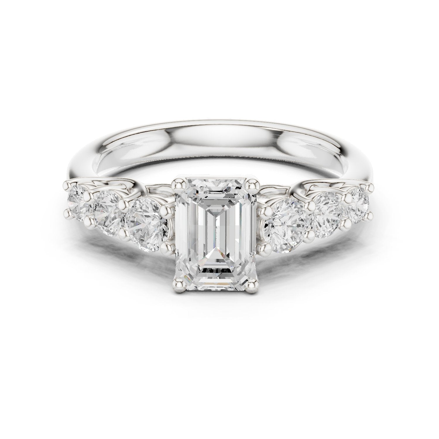 Emerald Cut Engagement Ring with Round Side Accents on Chevron Shoulders
