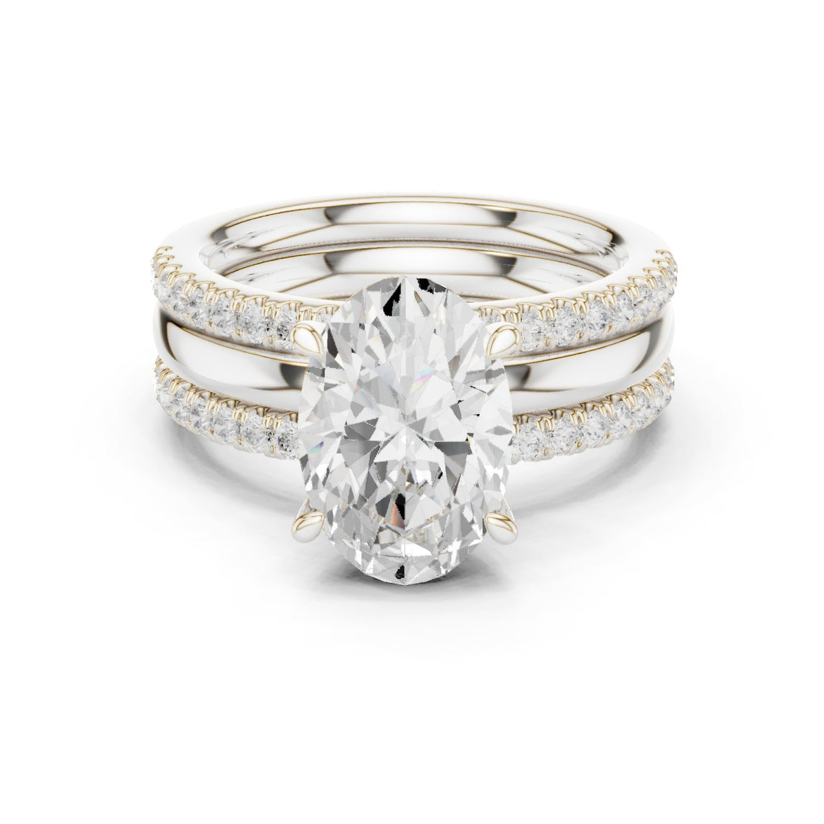 Oval Diamond Engagement Ring with Triple Stacked Pavé Band