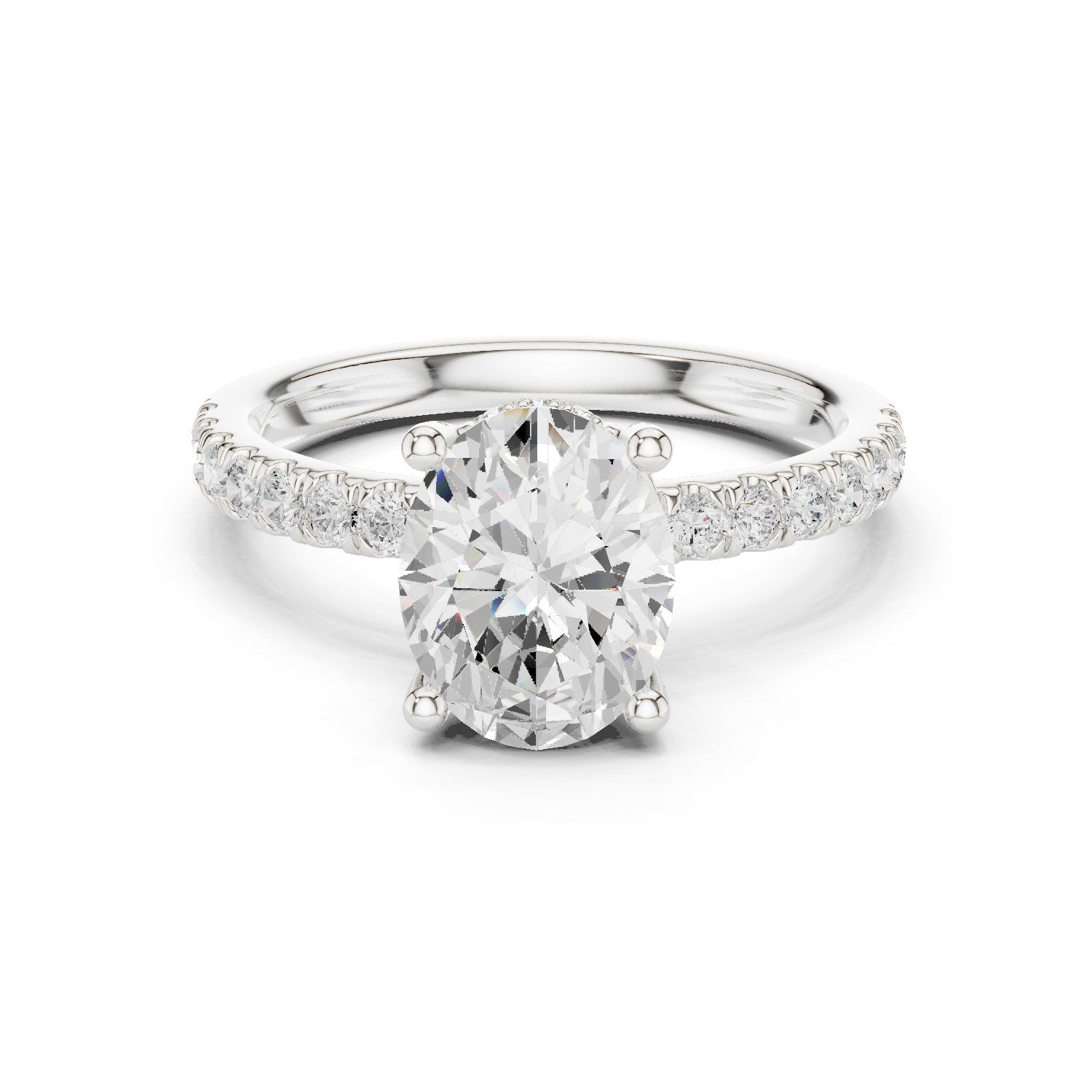 Oval Diamond Hidden Halo Engagement Ring with Pavé Band