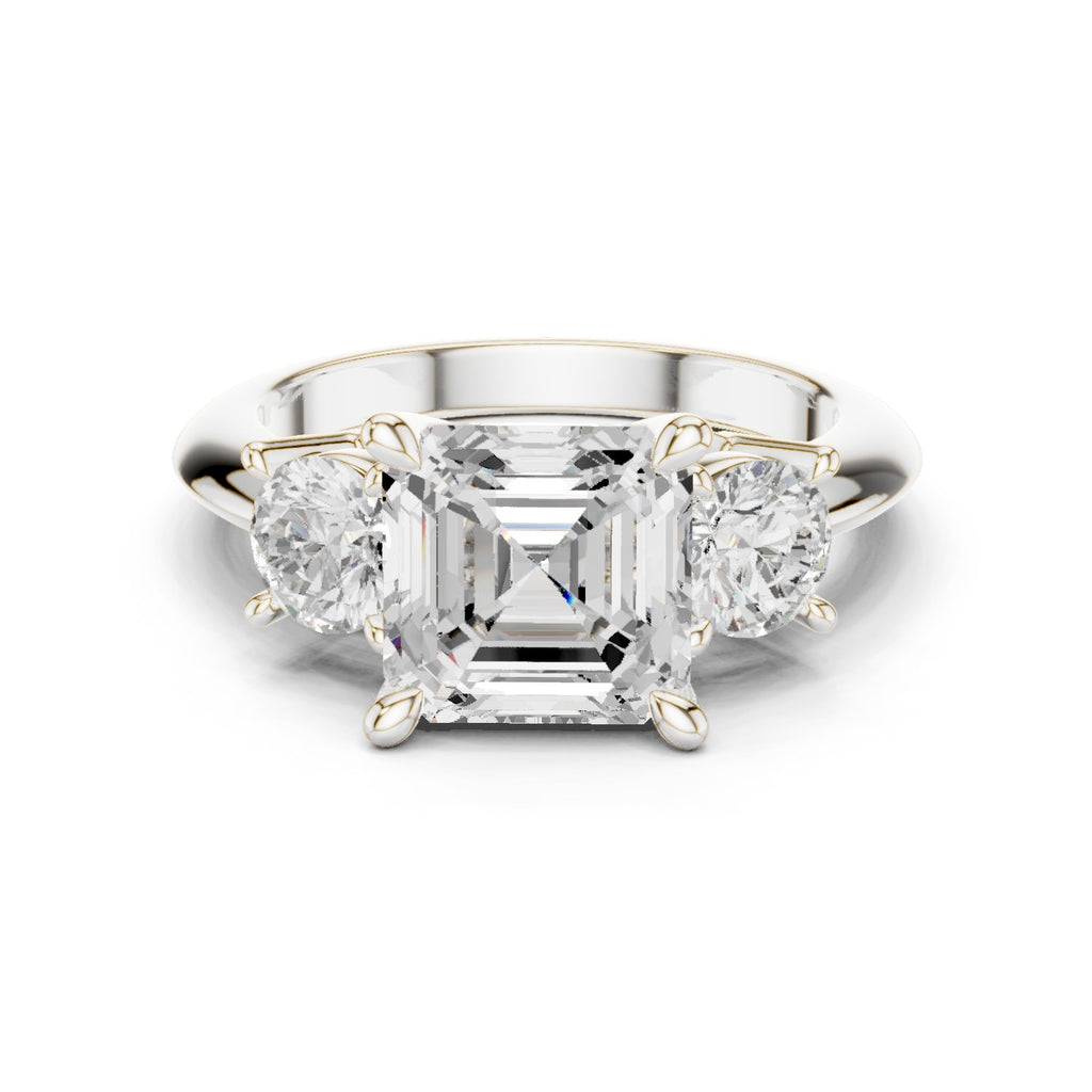 Asscher Cut Three Stone Engagement Ring with Round Sides