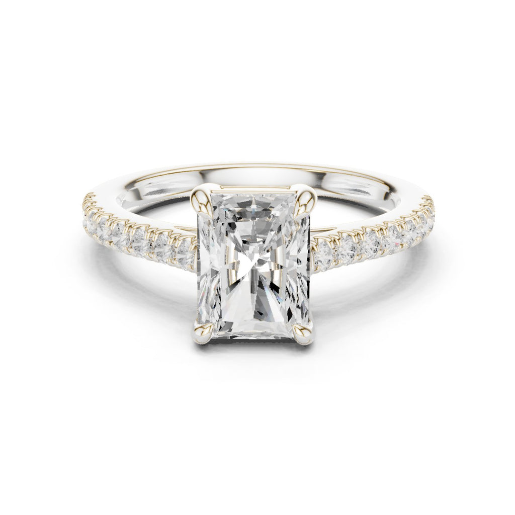 Radiant Cut Three Stone Engagement Ring with Tapered Baguette Sides and Pavé Band