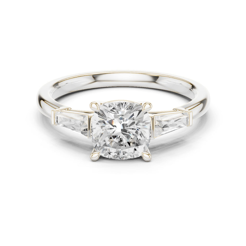 Cushion Cut Three Stone Engagement Ring with Tapered Baguette Sides