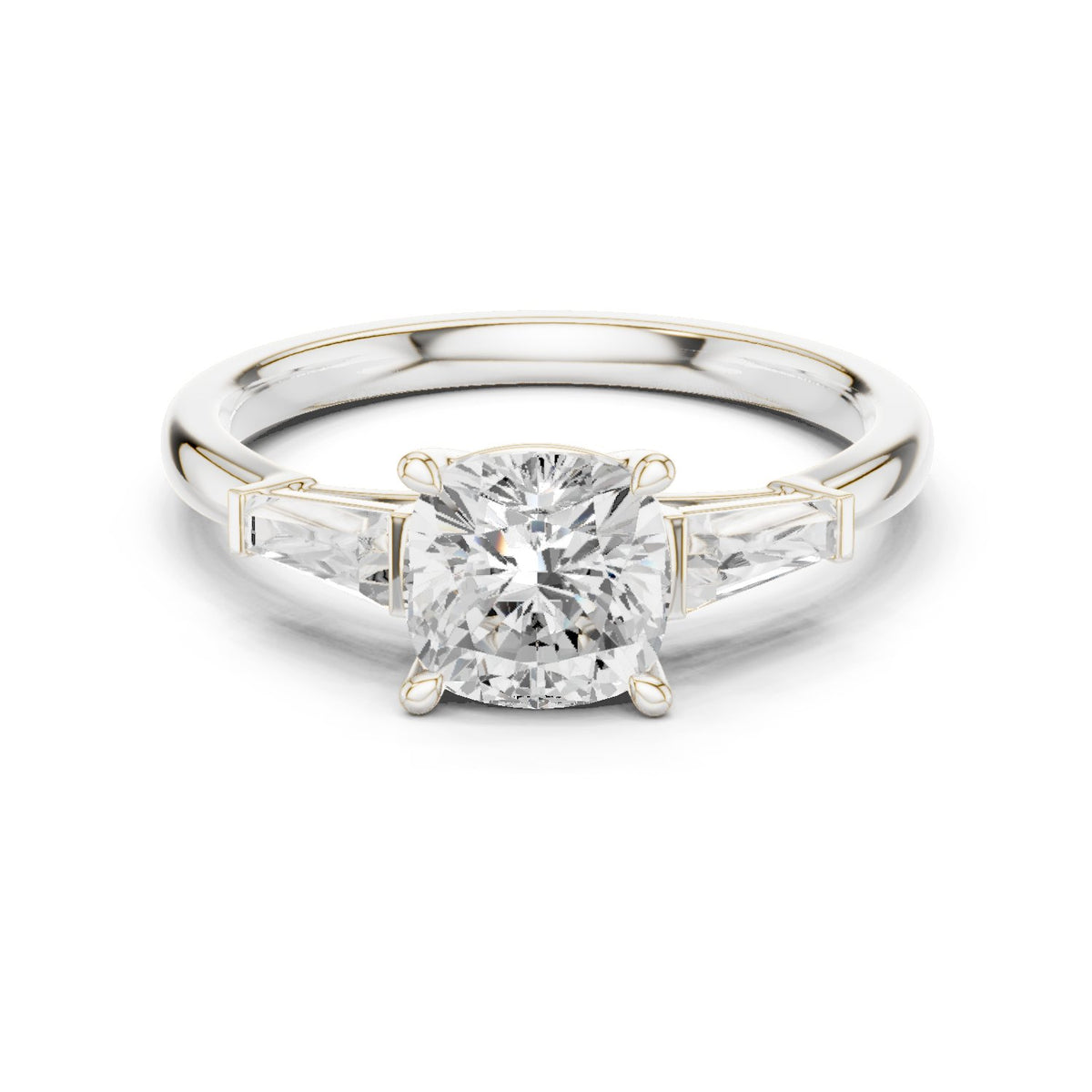 Cushion Cut Three Stone Engagement Ring with Tapered Baguette Sides