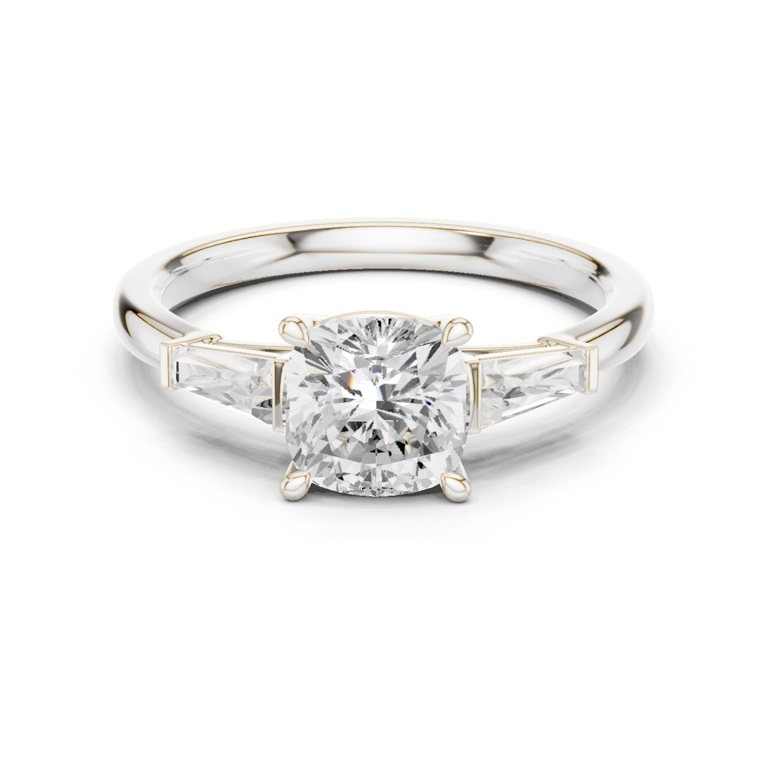 Cushion Cut Three Stone Engagement Ring with Tapered Baguette Sides