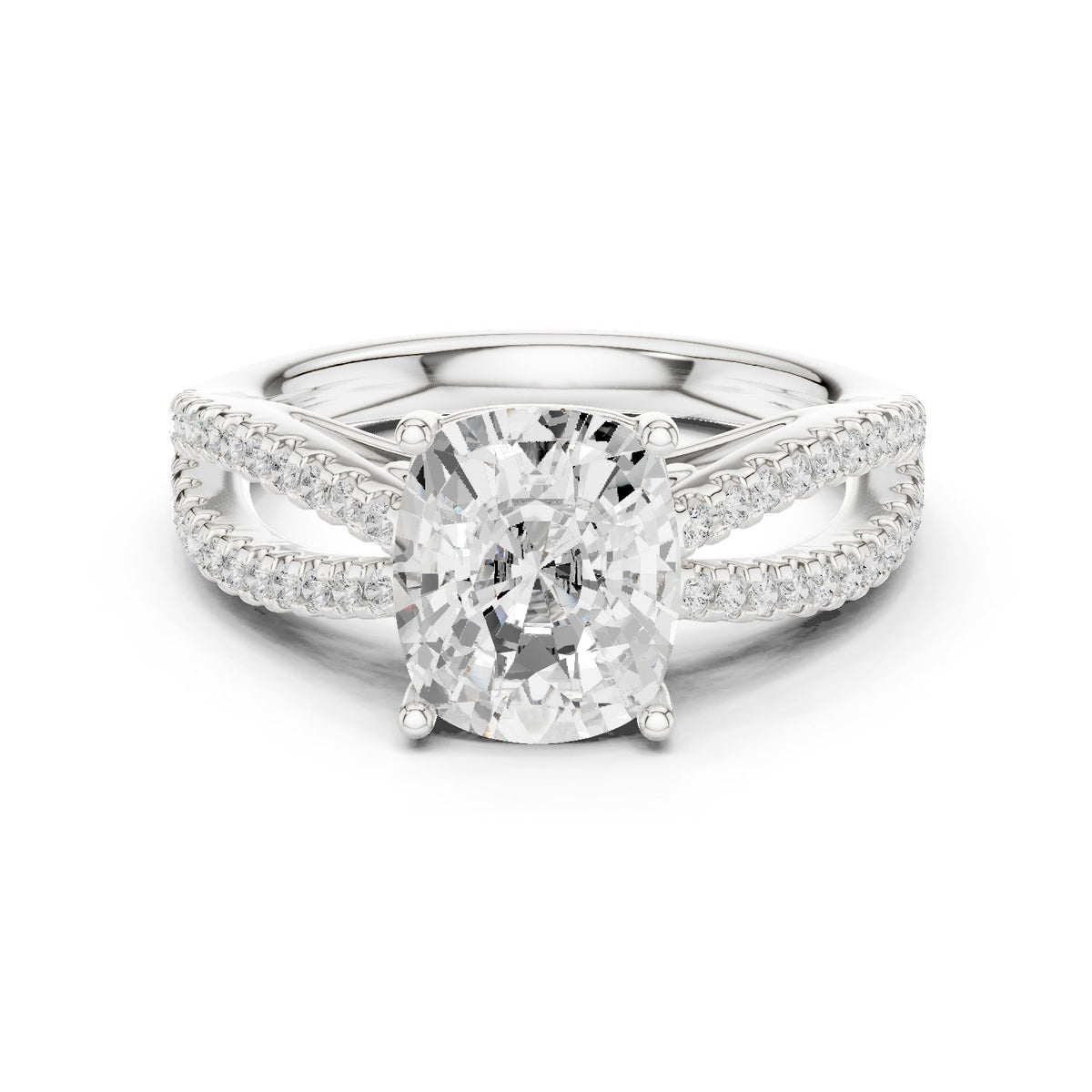 Cushion Cut Engagement Ring with Crossover Pavé Split Shank