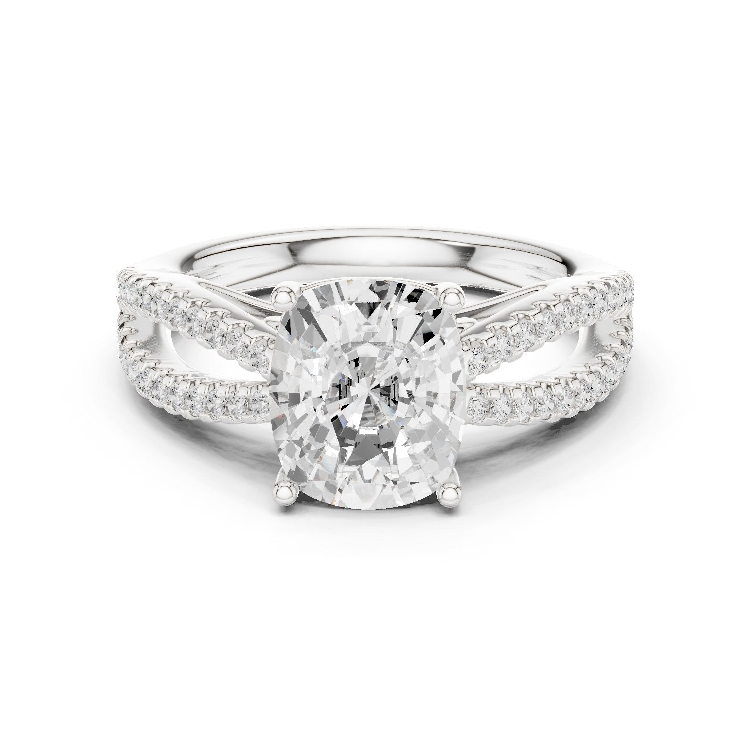 Cushion Cut Engagement Ring with Crossover Pavé Split Shank