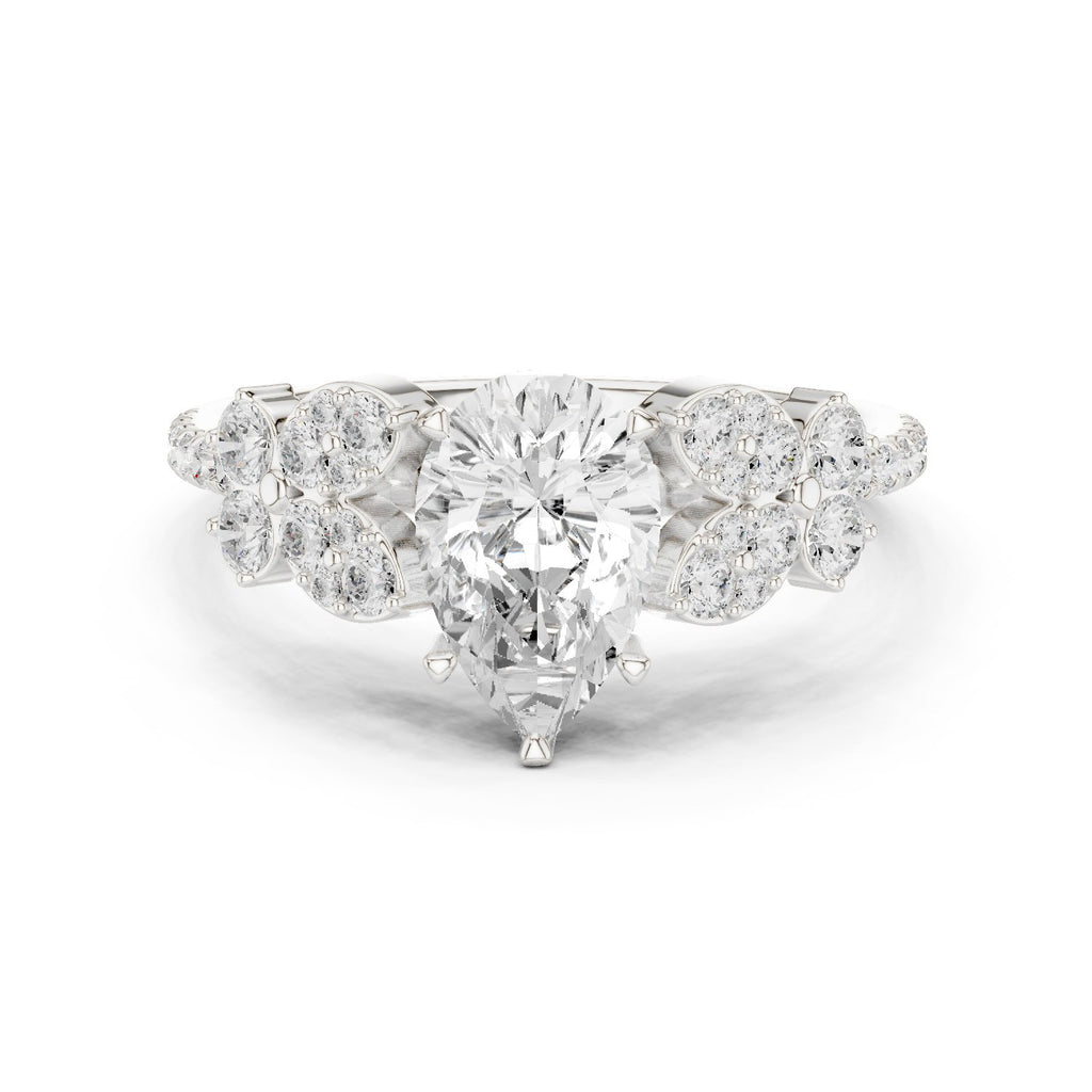 Pear Diamond Engagement Ring with Floral Side Cluster Accents and Pavé Band