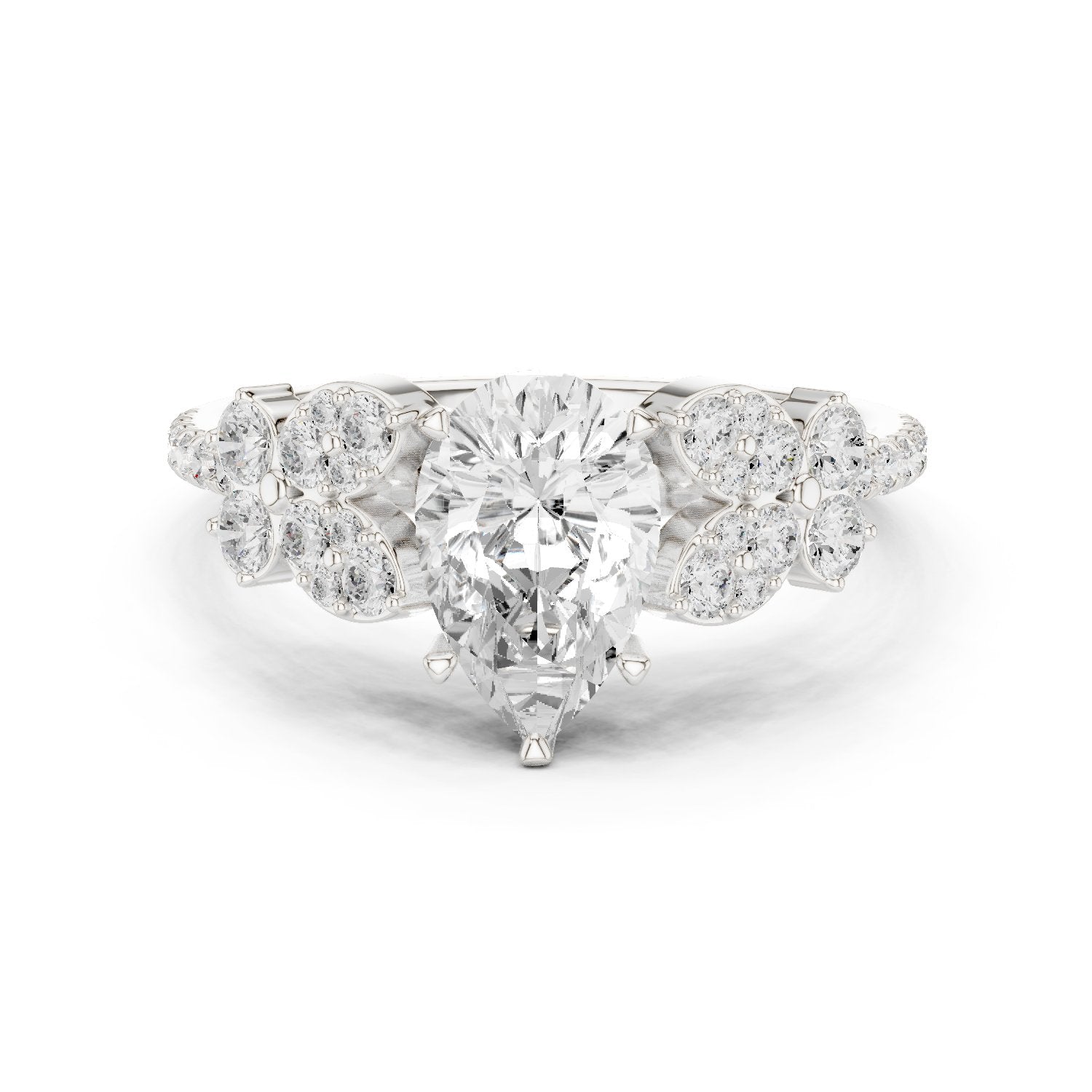 Pear Diamond Engagement Ring with Floral Side Cluster Accents and Pavé Band