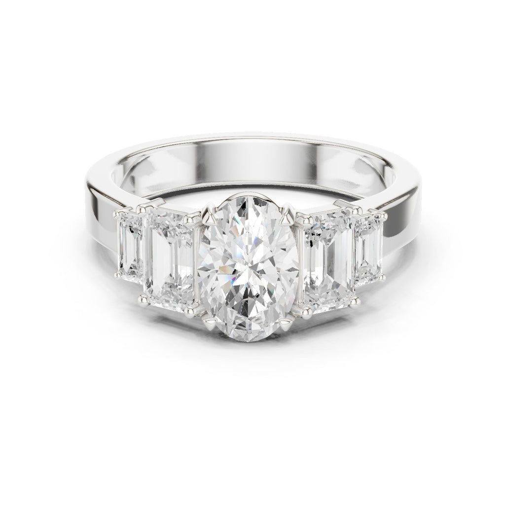 Oval Diamond Engagement Ring with Tapered Baguette Side Accents and Knife Edge Band