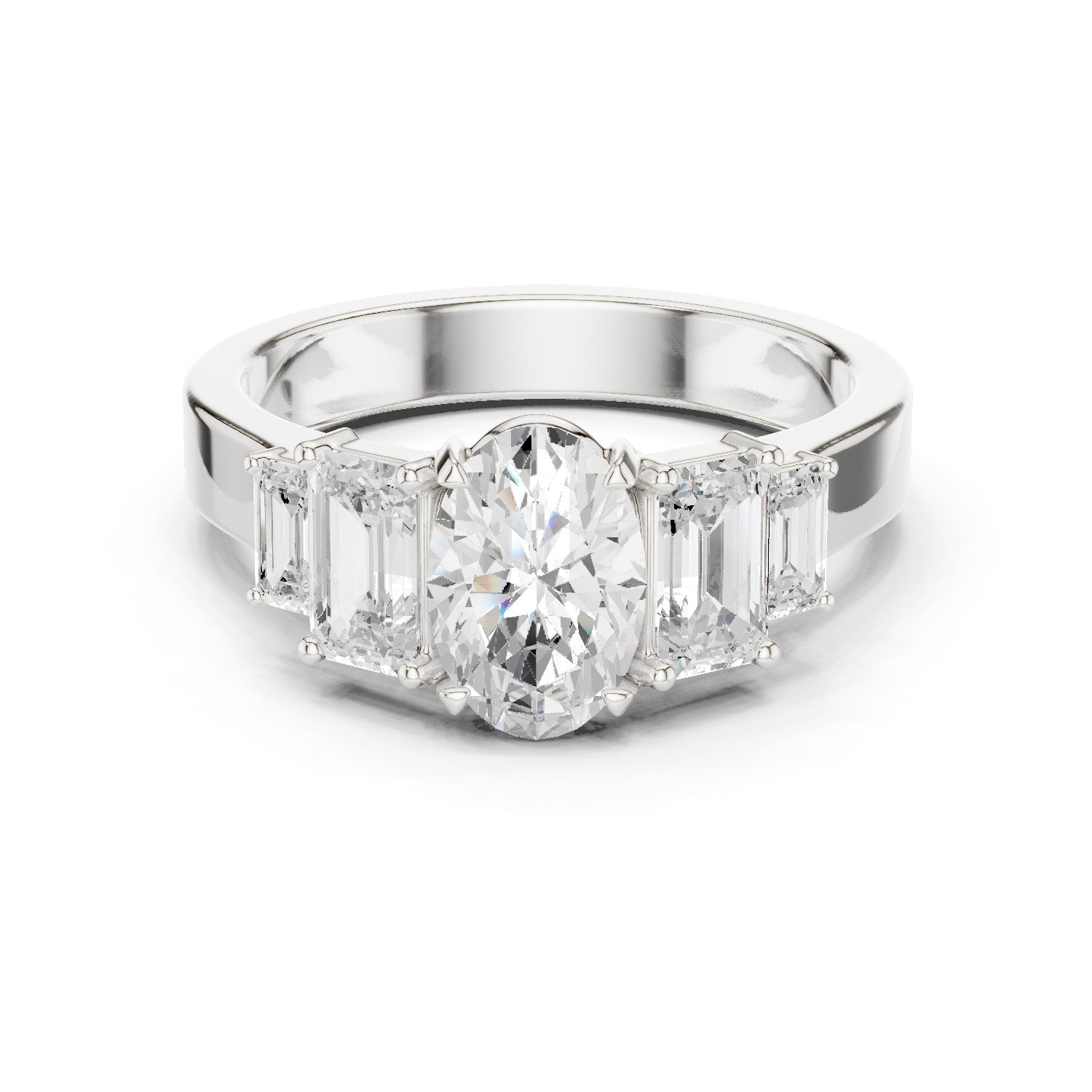 Oval Diamond Engagement Ring with Tapered Baguette Side Accents and Knife Edge Band