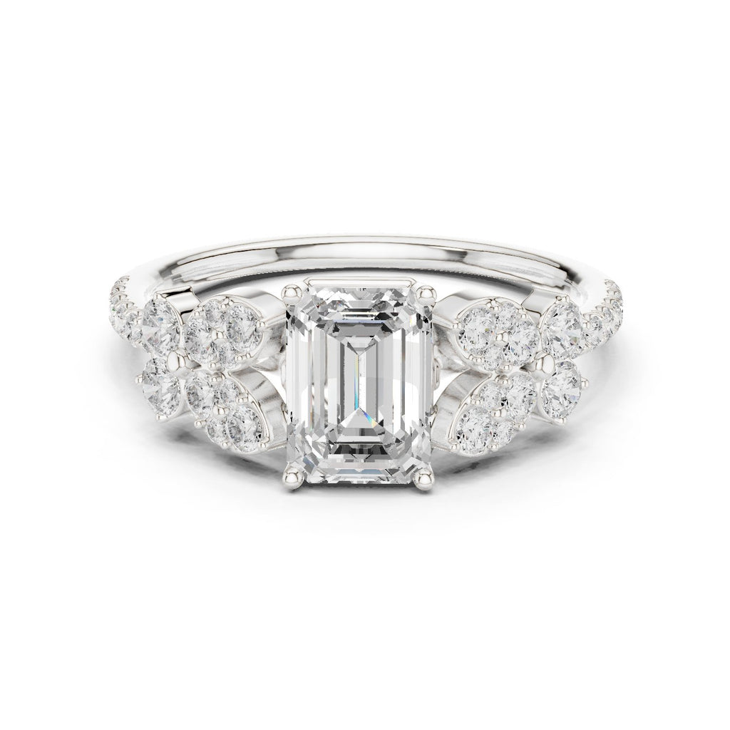Emerald Cut Engagement Ring with Floral Side Cluster Accents